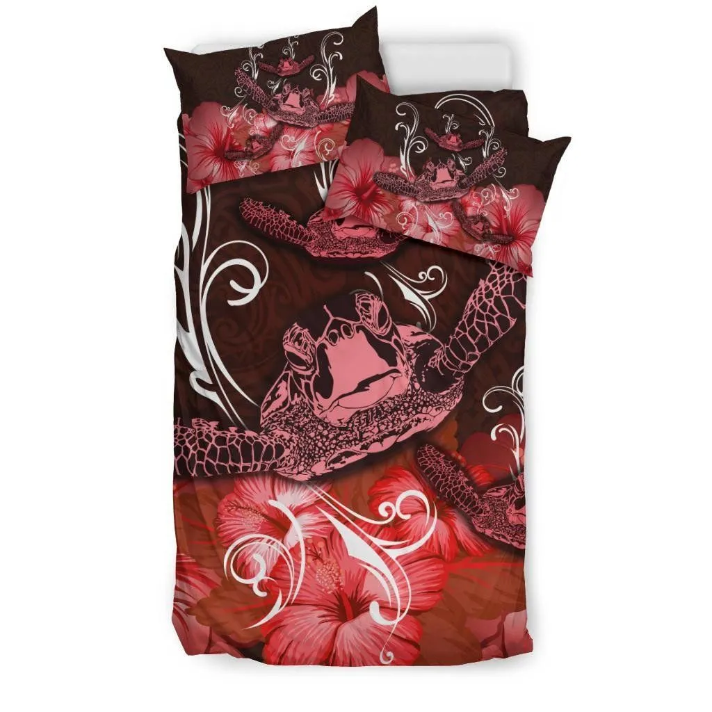 Hawaii Polynesian Turtle Waves Hibiscus Bedding Set - Erik Style - AH - Red - J5