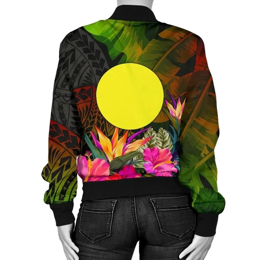 Palau Polynesian Women's Bomber Jacket -  Hibiscus and Banana Leaves - BN15