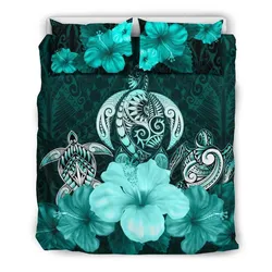 Three Turtle Polynesian Bedding Set Hibiscus Turquoise