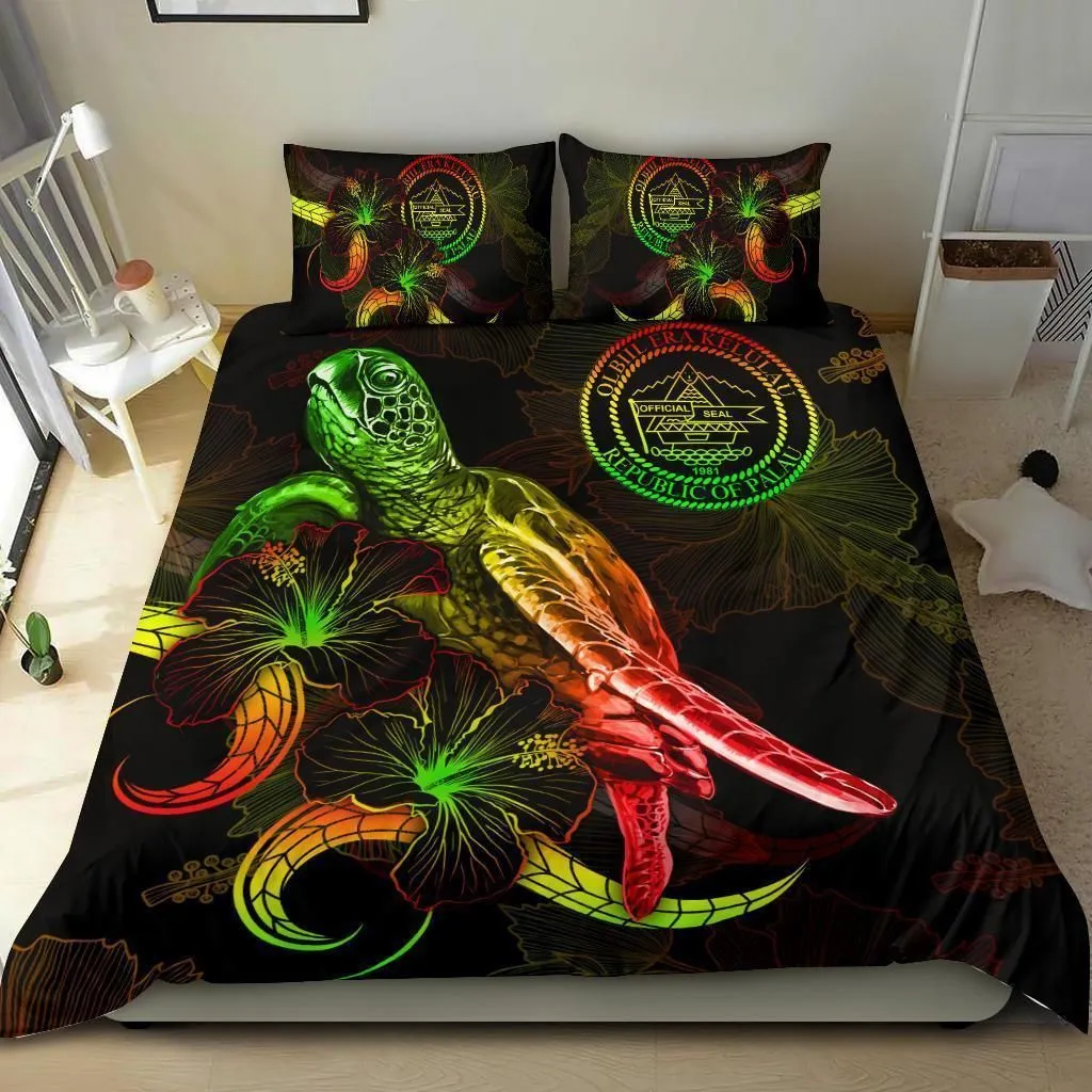 Palau Polynesian Bedding Set - Turtle With Blooming Hibiscus Reggae