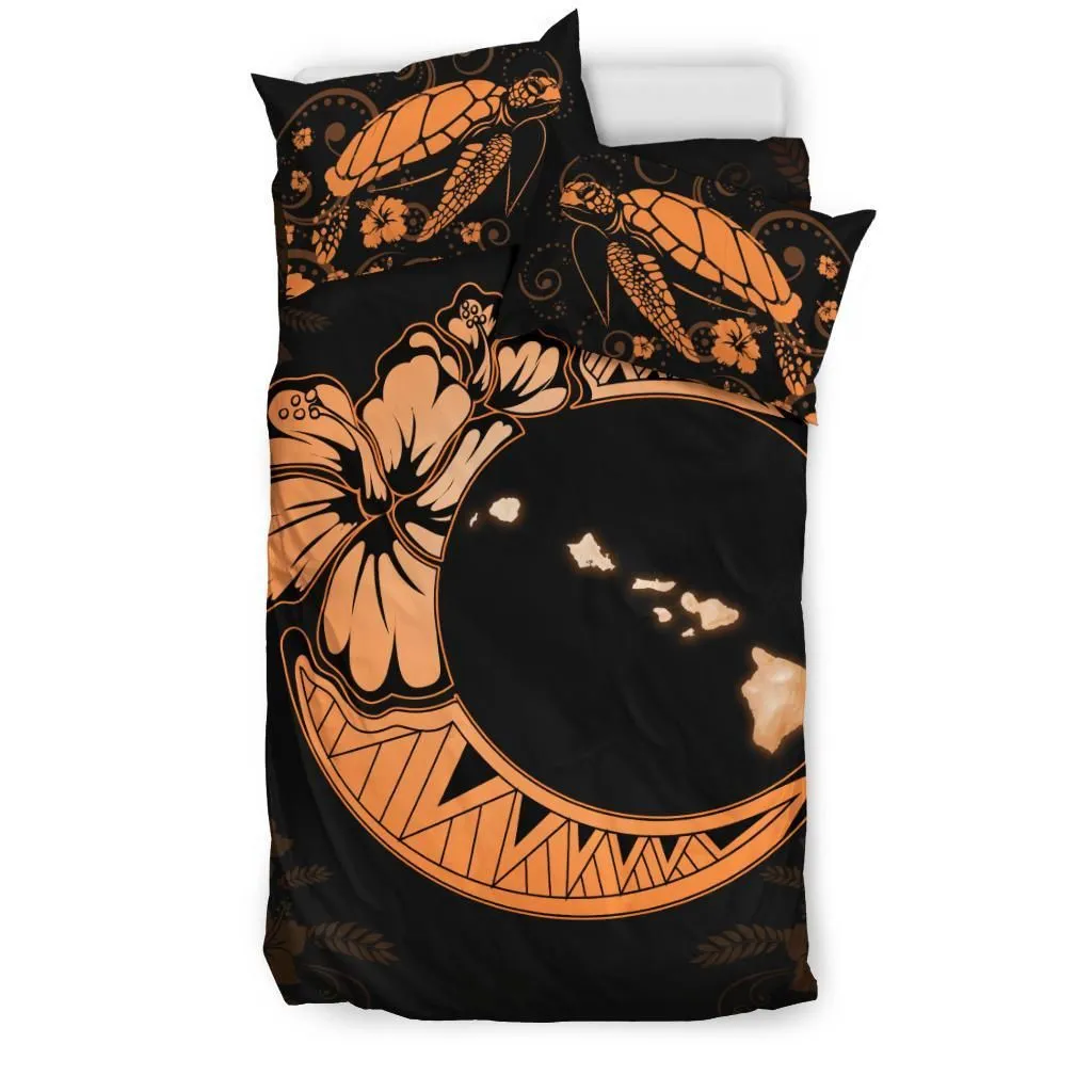 Hawaiian Map Hibiscus Turtle Polynesian Moon Bedding Set Orange