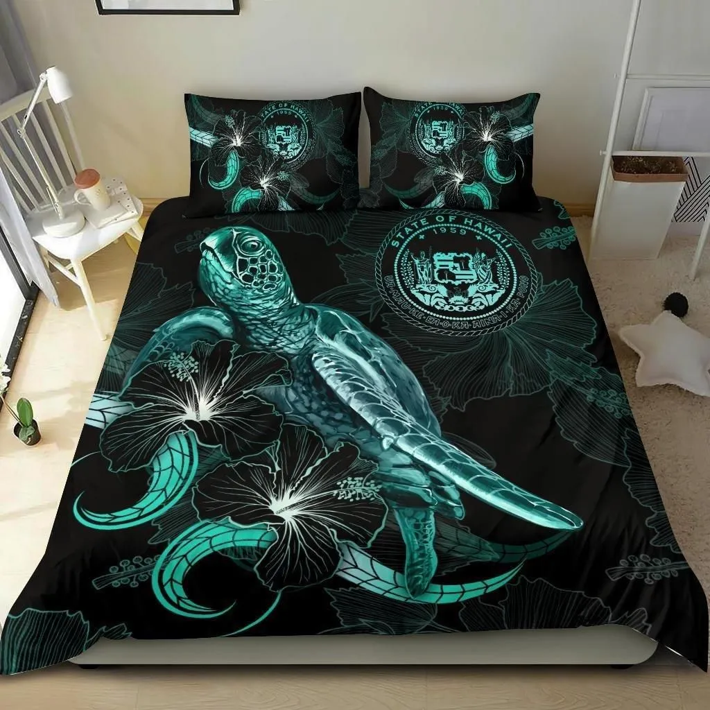 Alohawaii Bedding Set - Cover and Pillow Cases Hawaii Polynesian - Turtle With Blooming Hibiscus Turquoise - BN22