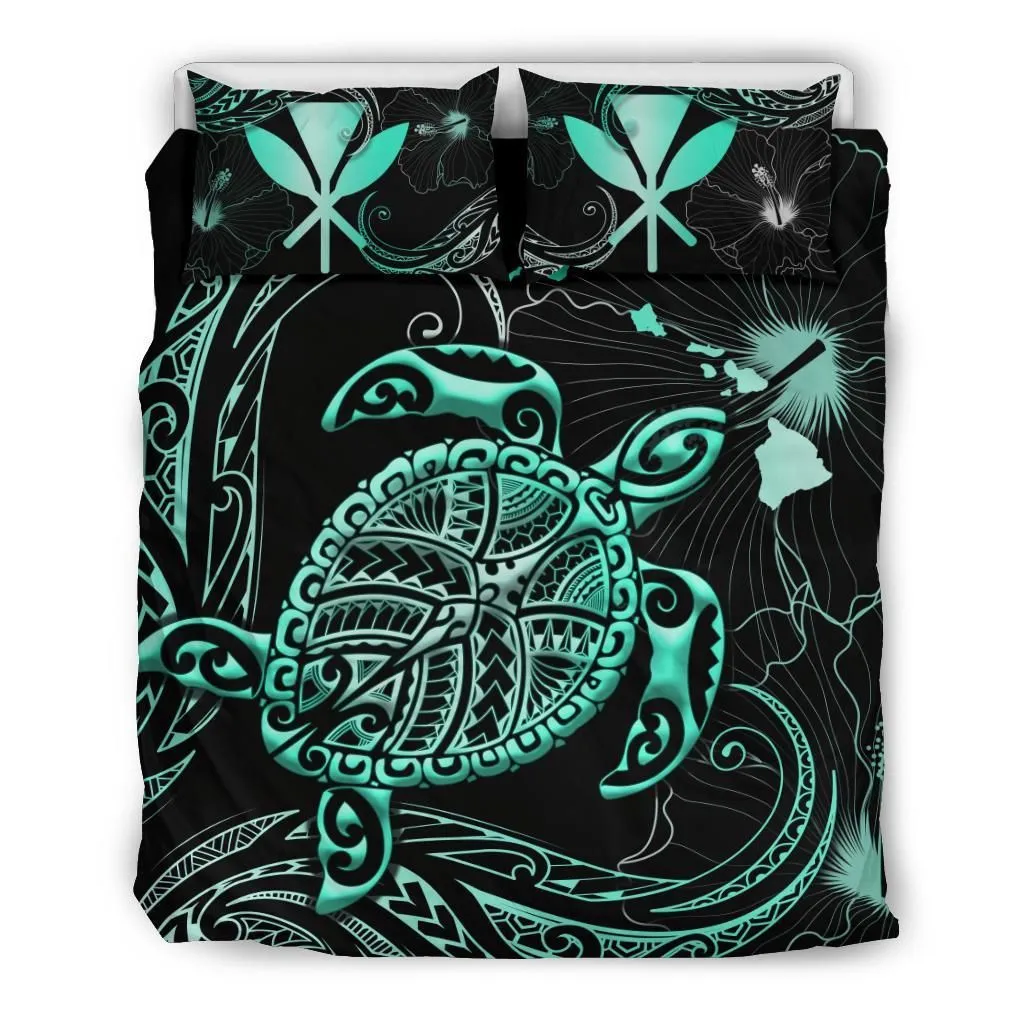 Kanaka Maoli Hawaiian Map Bedding Set - Turtle Polynesian Hibiscus Turquoise