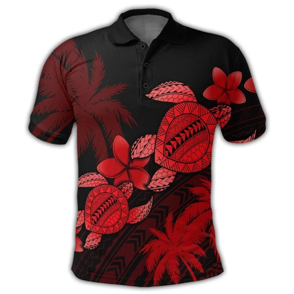 Hawaii Turtle Plumeria Coconut Tree Polynesian Polo Shirt - Red - AH