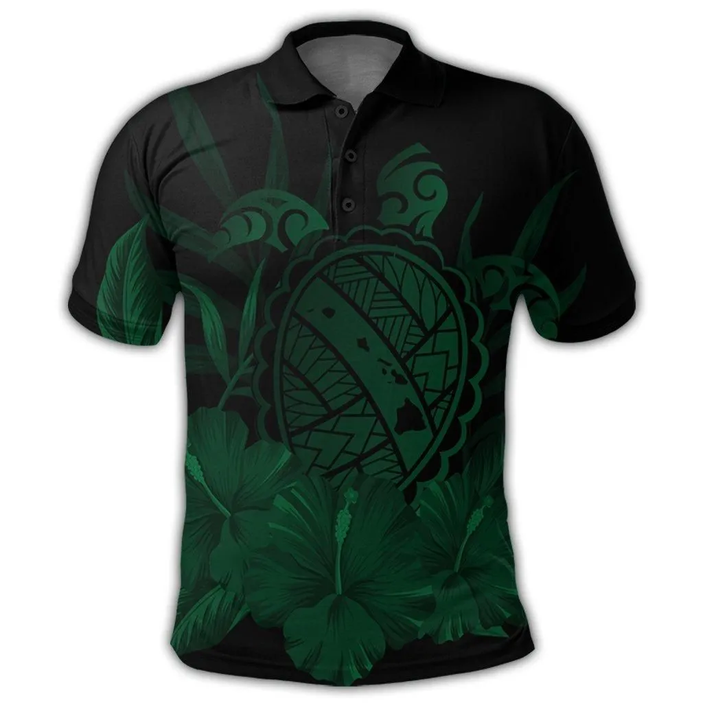 Hawaiian Map Turtle Hibiscus Polynesian Polo Shirt - Green - AH