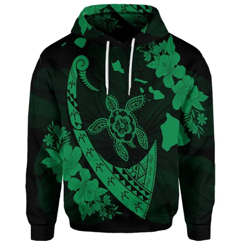 (Personalised) Hawaiian Map Hibiscus Turtle Fish Hook Polynesian Hoodie Green - AH