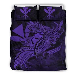 Hawaiian Map Hula Girl Hibiscus Kanaka Polynesian Bedding Set- Purple - AH J4
