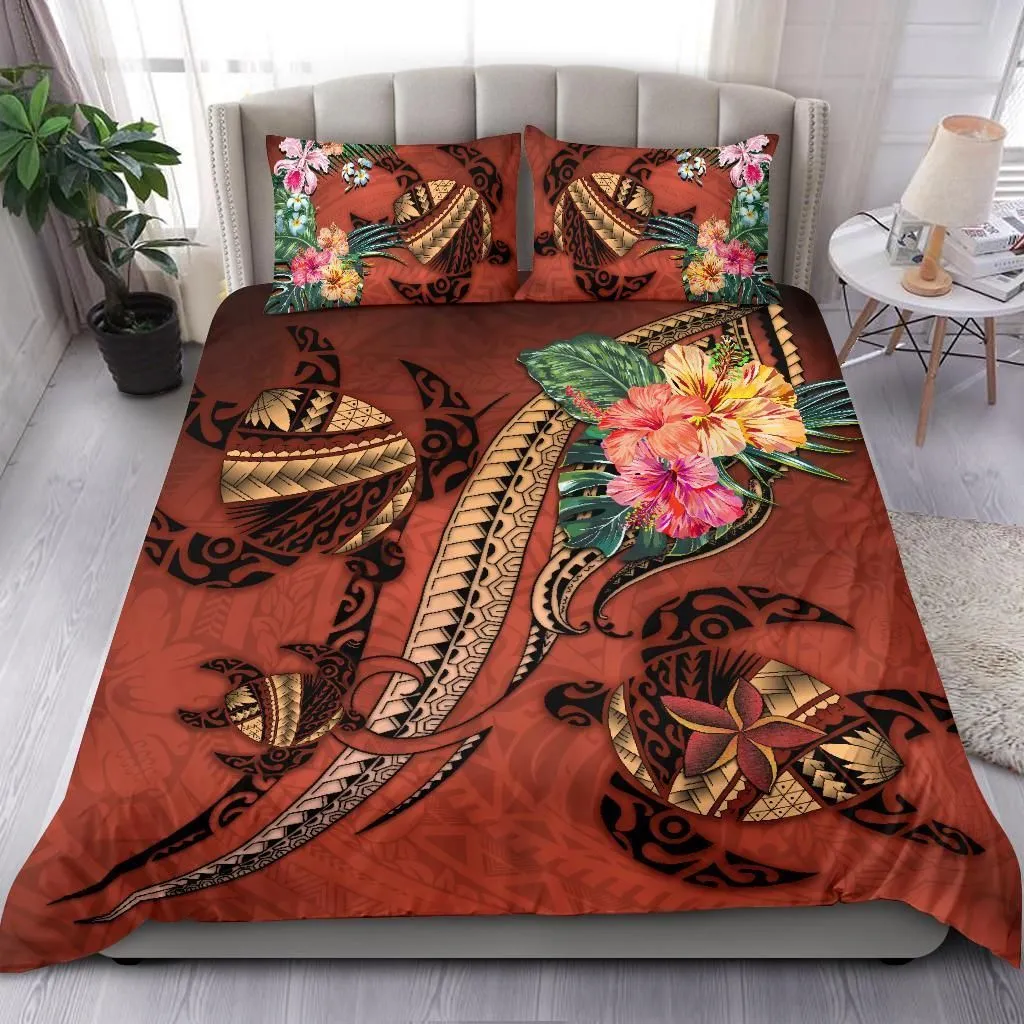 Polynesian Turtle Tribal Tattoo With Hibiscus Coral K Bedding Set Camlibf