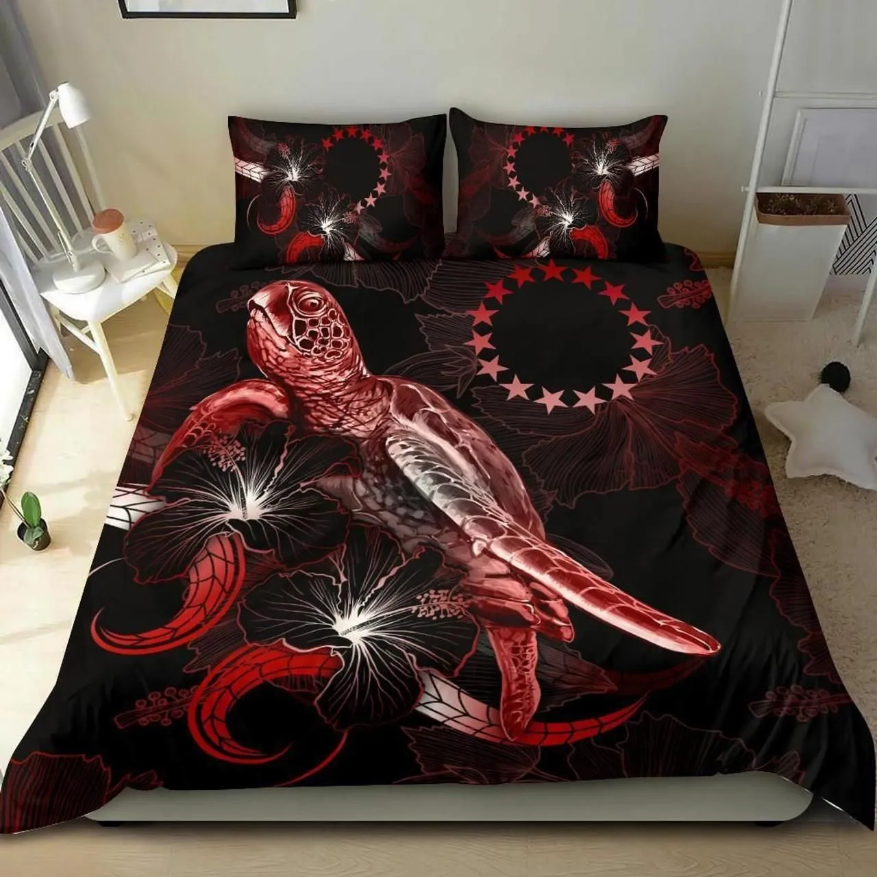 Cook Islands Polynesian Bedding Set - Turtle With Blooming Hibiscus Red
