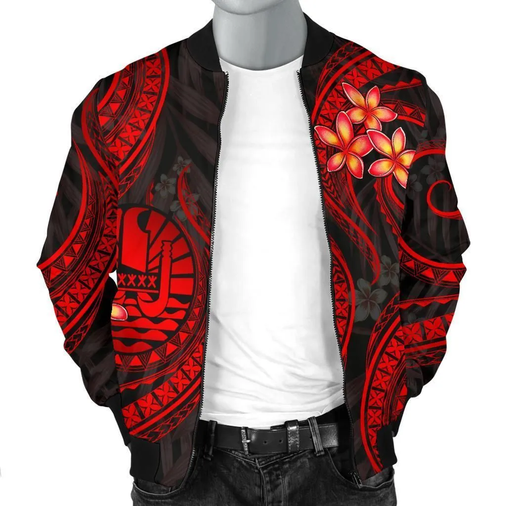 Tahiti Polynesian Men Bomber Jacket - Red Plumeria