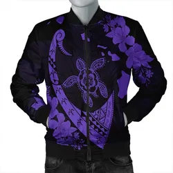 Hawaiian Map Hibiscus Turtle Fish Hook Polynesian Bomber Jacket Purple - AH