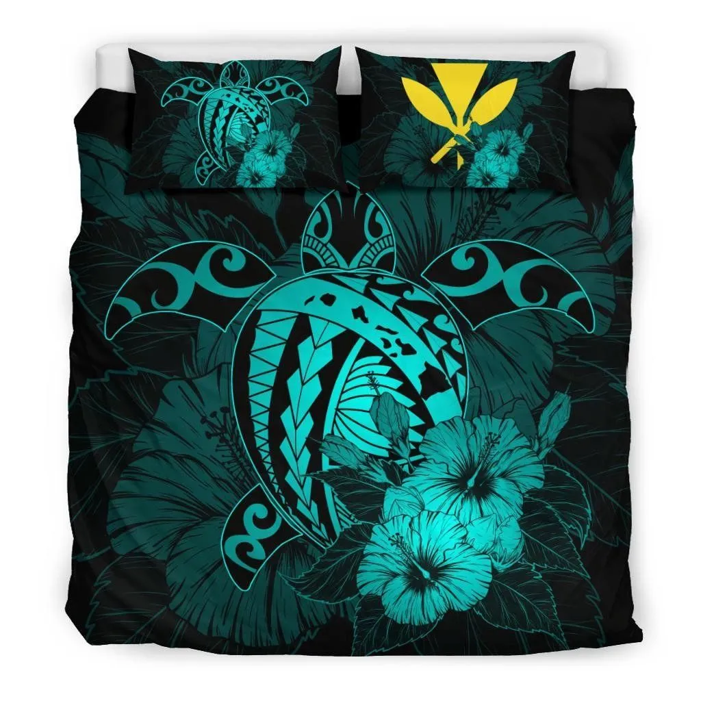 Hawaiian Map Hibiscus Kanaka Polynesian Bedding Set - Harold Turtle - Turquoise - AH J9