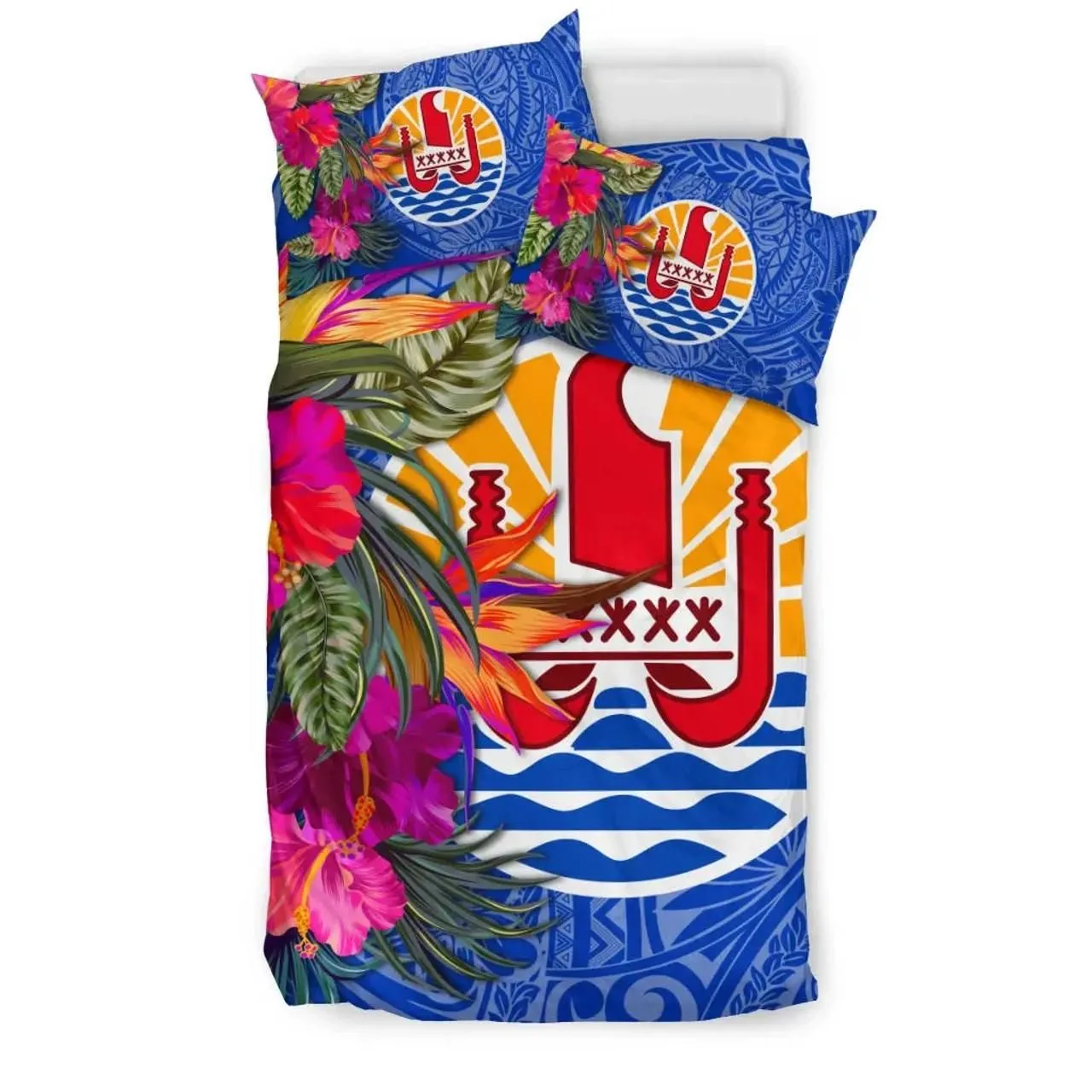 Tahiti Bedding Set - Hibiscus Polynesian Pattern Blue Version