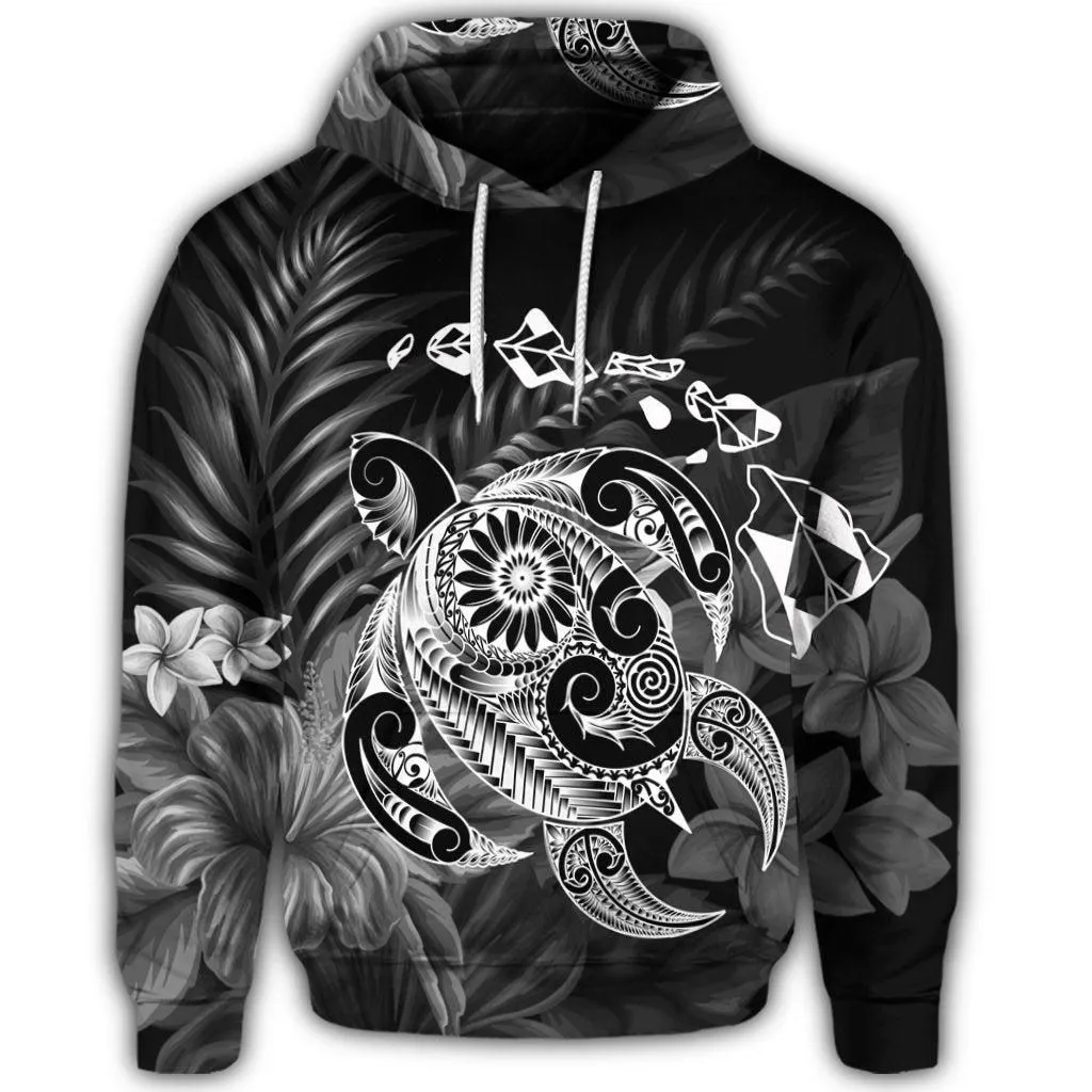 Hawaiian Map Turtle Tattoo Hibiscus Plumeria Polynesian Hoodie - White