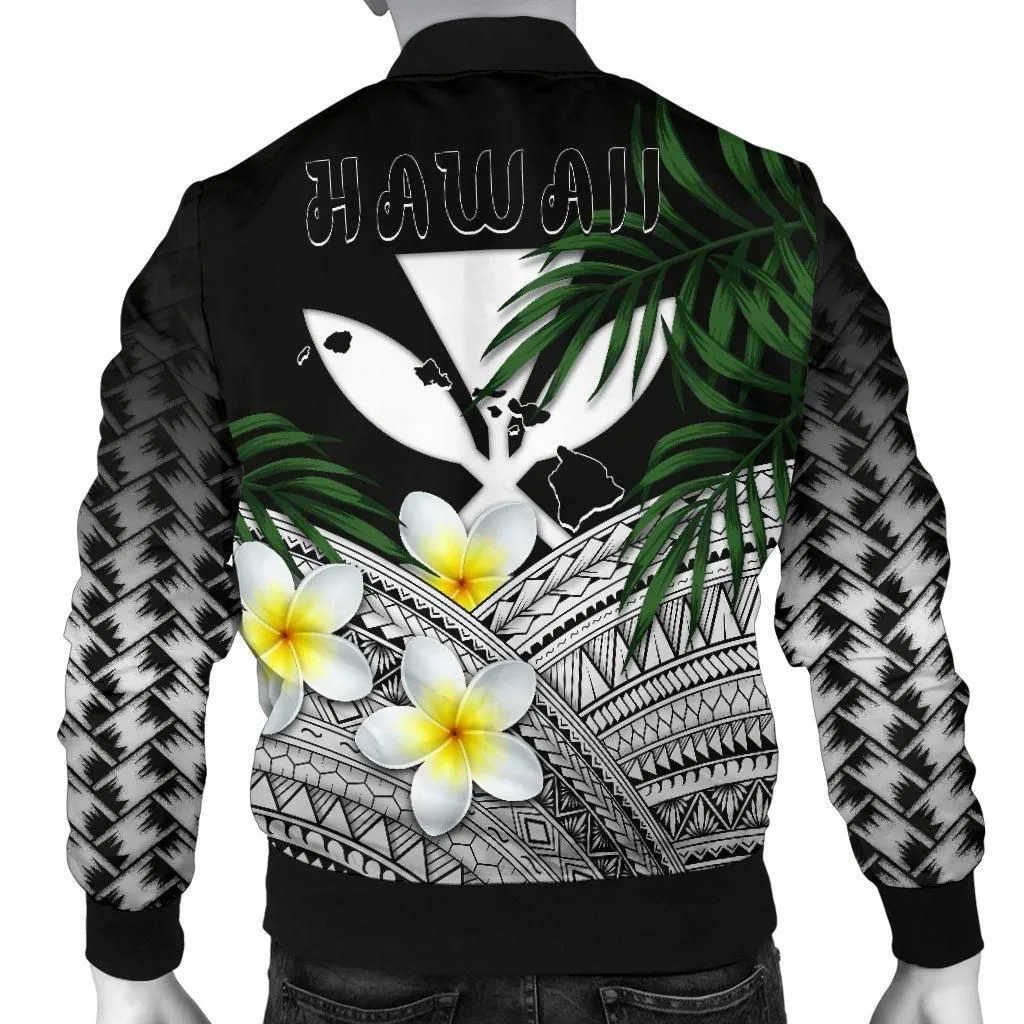 Kanaka Maoli (Hawaiian) Mens Bomber Jacket, Polynesian Plumeria Banana Leaves Gray