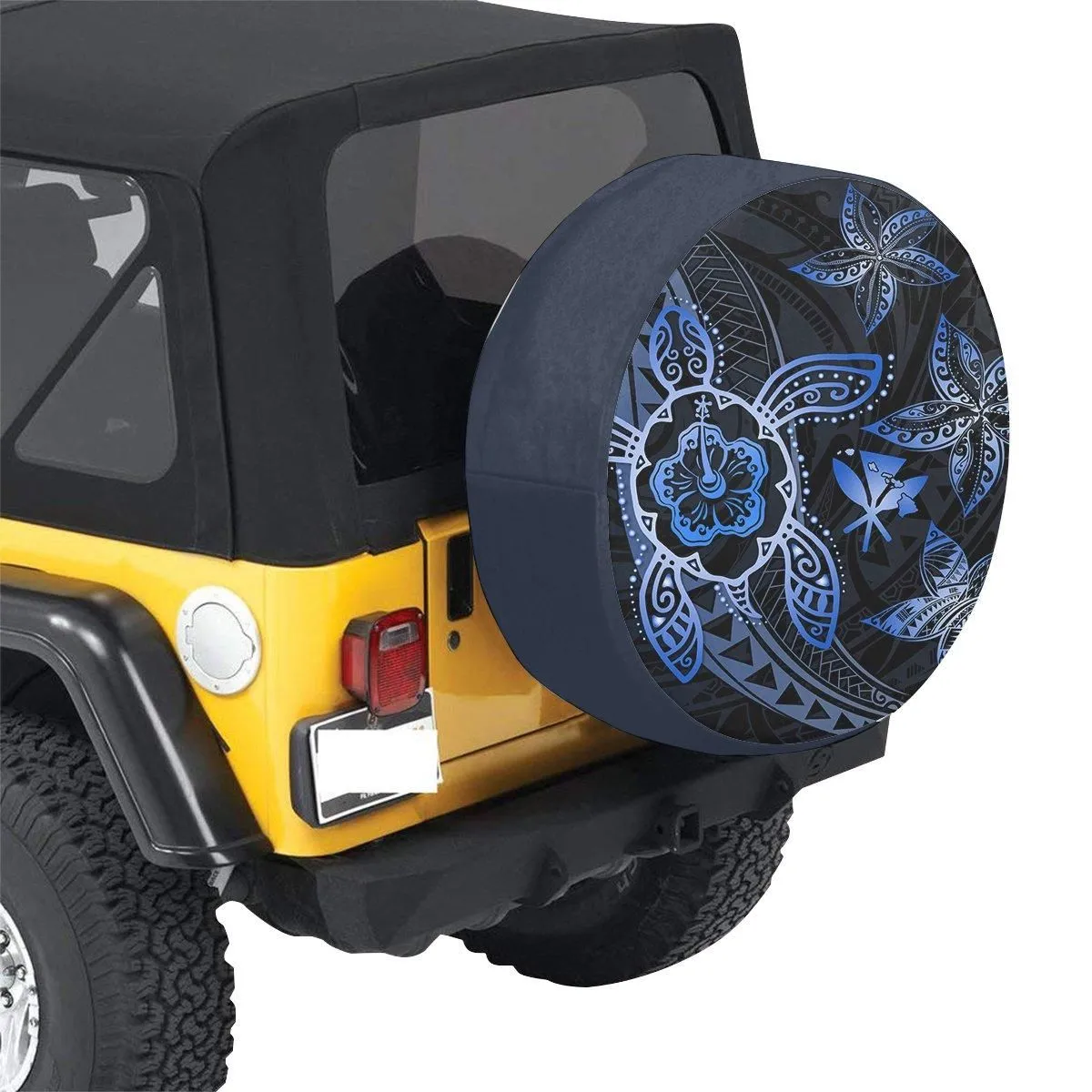 Kanaka Map Hibiscus Plumeria Turtle Art Blue Polynesian Spare Tire Cover AH