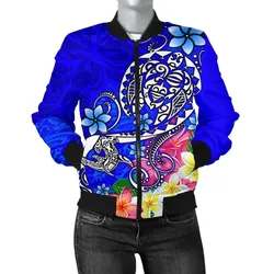 Polynesian Women's Bomber Jacket - Turtle Plumeria Blue Color - BN18