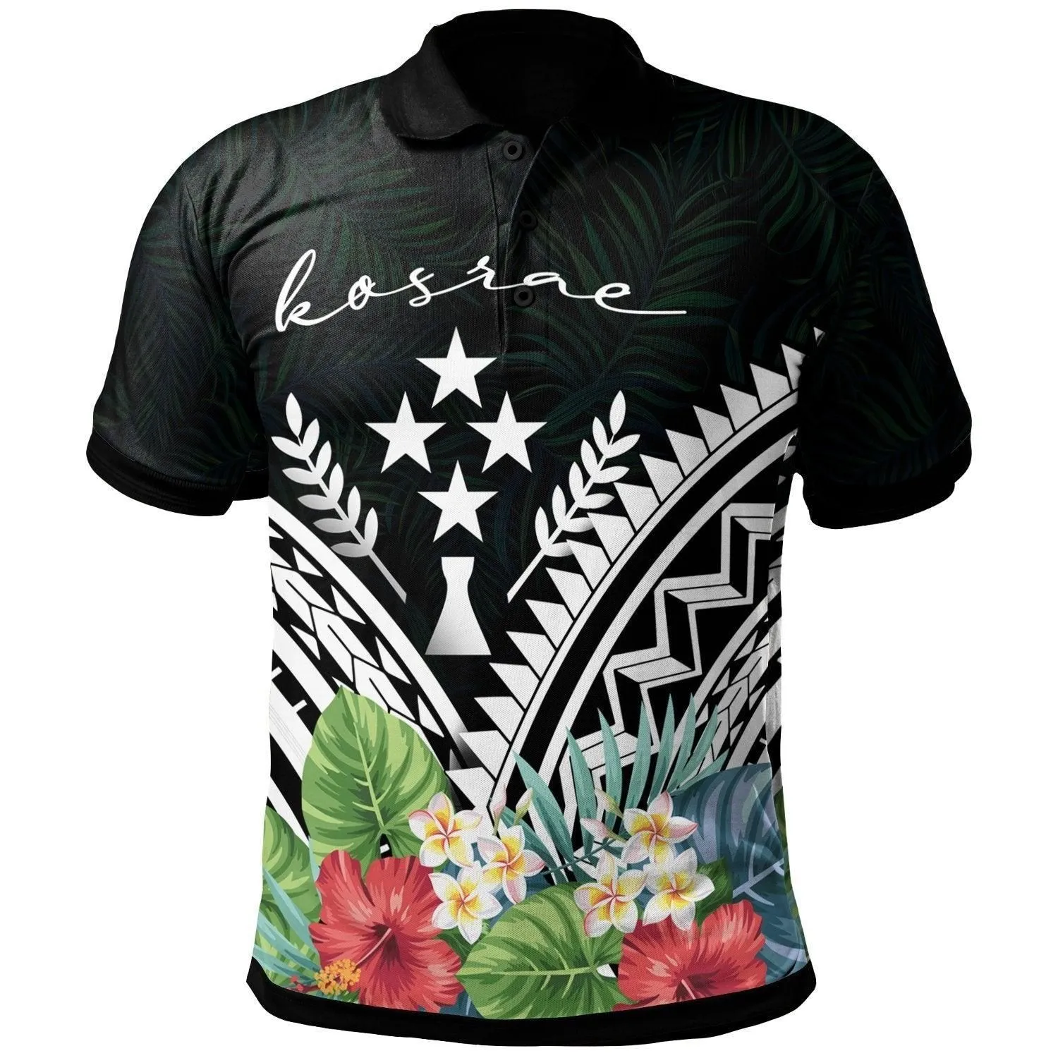 Kosrae Polo Shirt - Kosrae Coat of Arms and Polynesian Tropical Flowers White