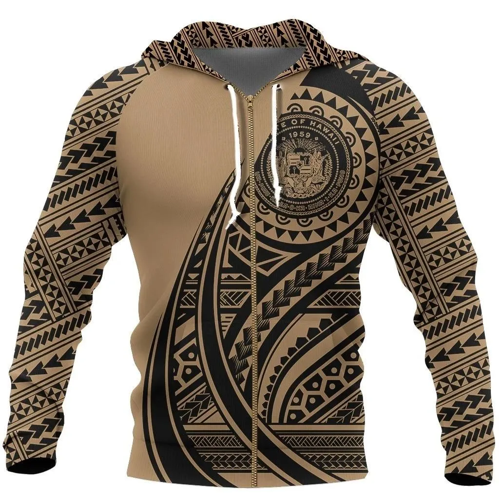Alohawaii Clothing - Zip Hoodie Hawaii Coat Of Arms Polynesian Tattoo Style Gold - AH - J7