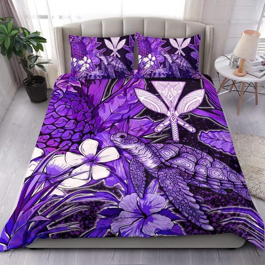 Polynesian Hawaii Bedding Set - Turtle, Hibiscus and Pineapple Purple