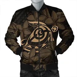 Hawaiian Turtle Hibiscus Plumeria Kanaka Polynesian Bomber Jacket Gold - Soft Style