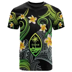 Guam T-shirt - Custom Personalised Polynesian Waves with Plumeria Flowers (Green)