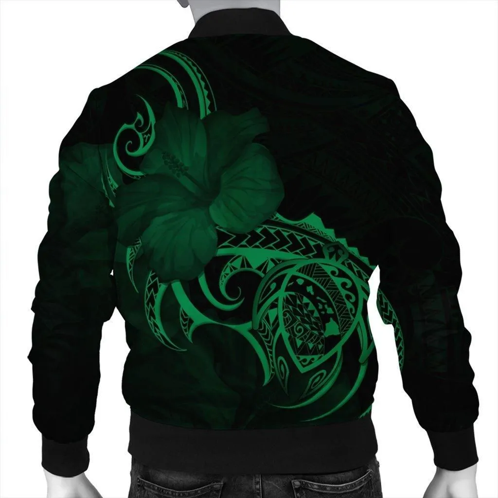 Hawaii Map Turtle Hibiscus Divise Polynesian Bomber Jacket Green