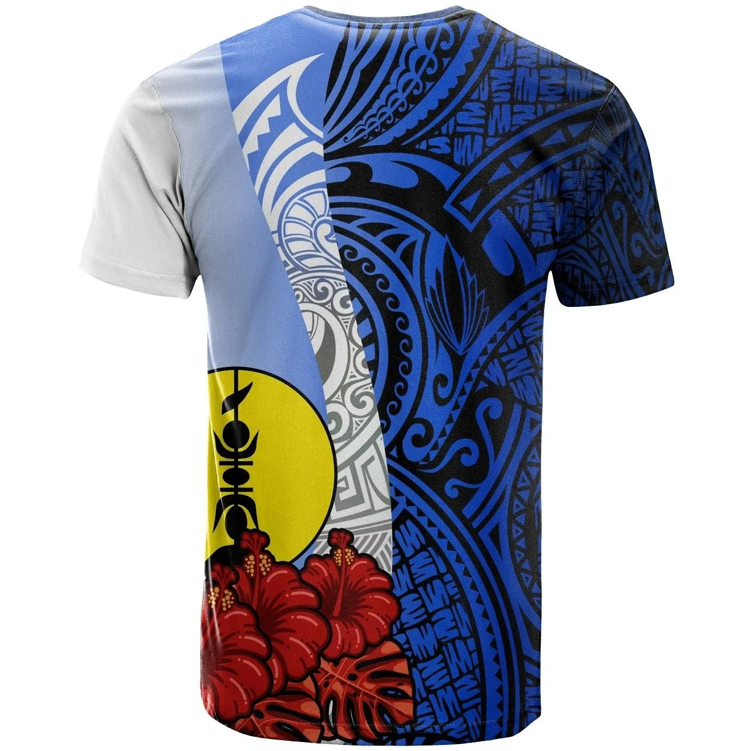 New Caledonia Polynesian T-shirt Coat Of Arm With Hibiscus Blue  12