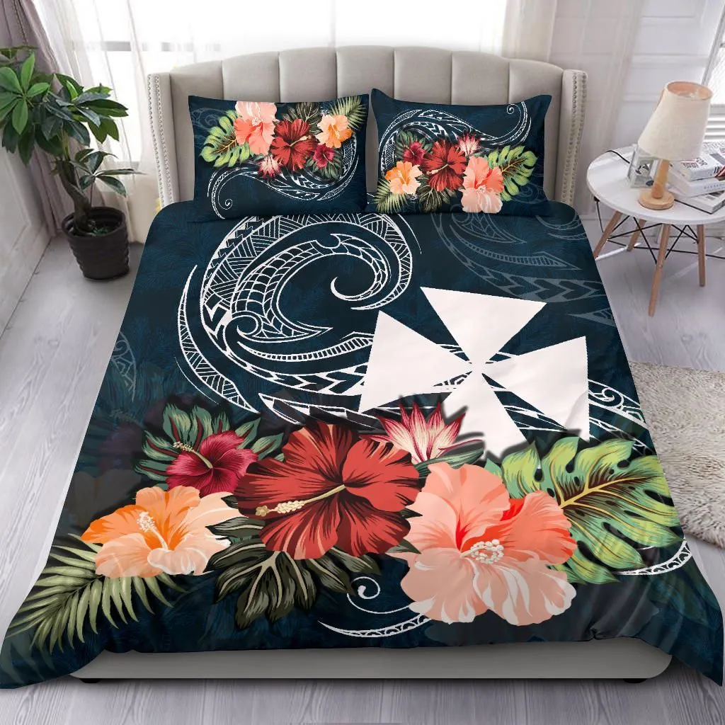 Wallis And Futuna Bedding Set Hibiscus Polynesian Wave Coat Of Arms Duvet Cover Navy TH5