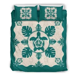 FamilyGater Home Set - Hawaiian Turtle Hibiscus Monstera Polynesian Bedding Set - AH J2