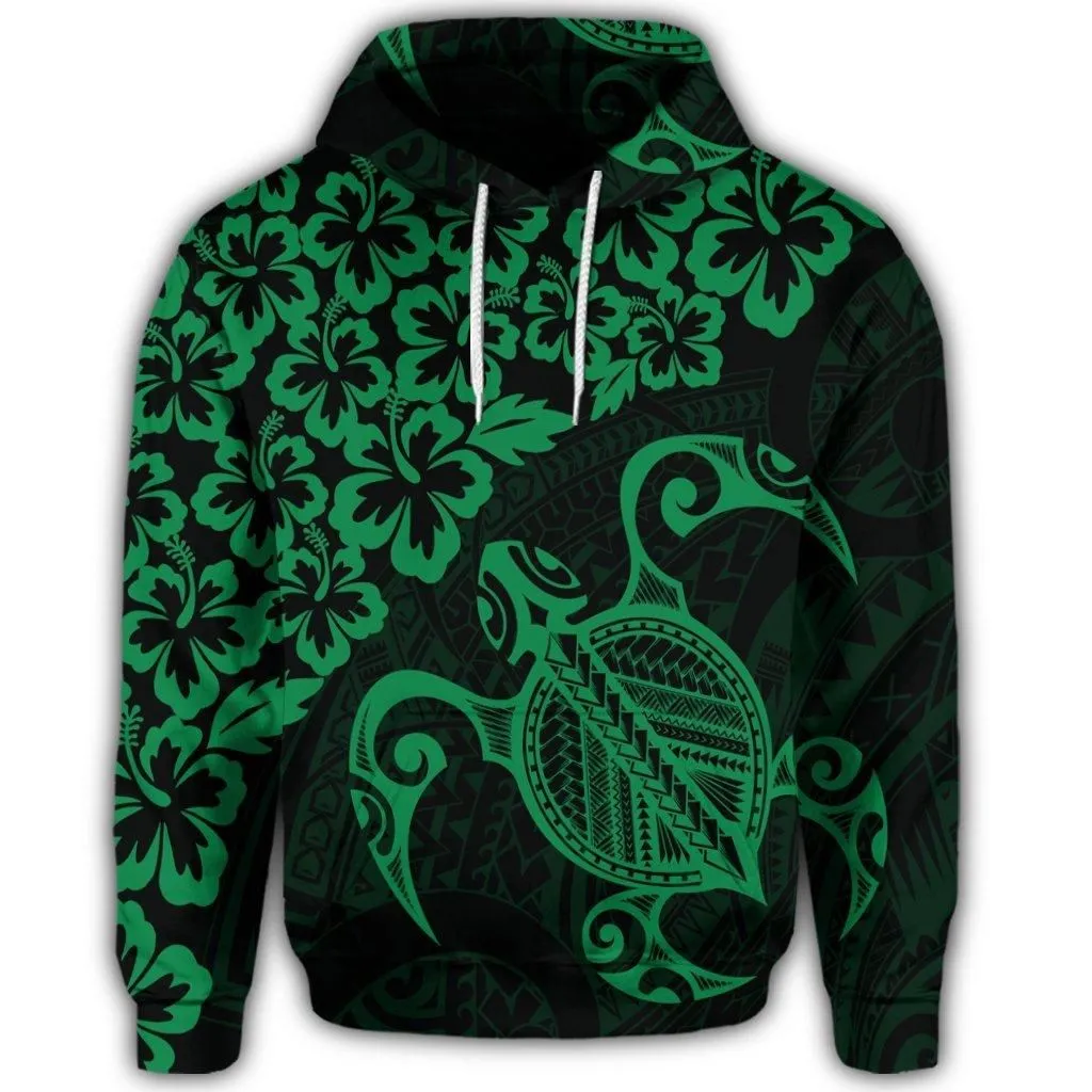 Hawaiian Map Turtle Hibiscus Kanaka Polynesian Hoodie - Green