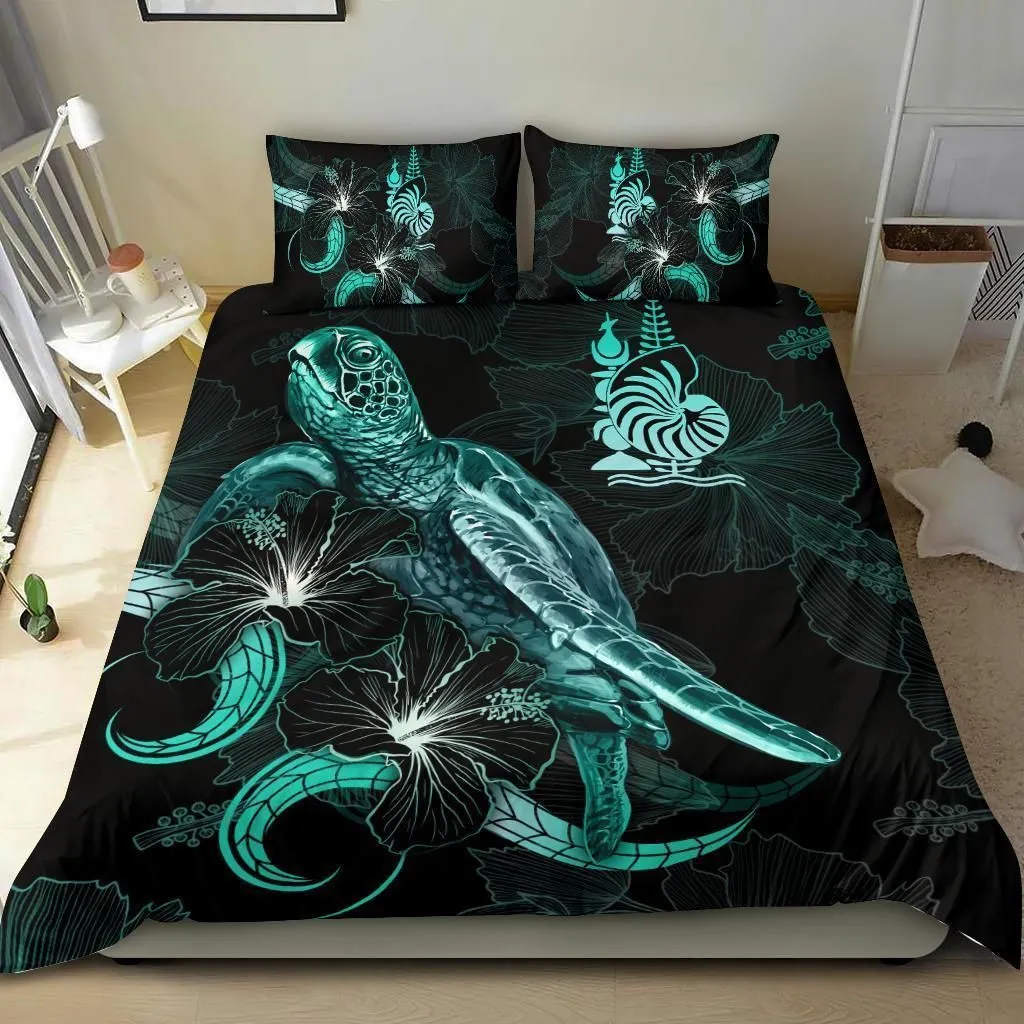 New Caledonia Polynesian Bedding Set - Turtle With Blooming Hibiscus Turquoise