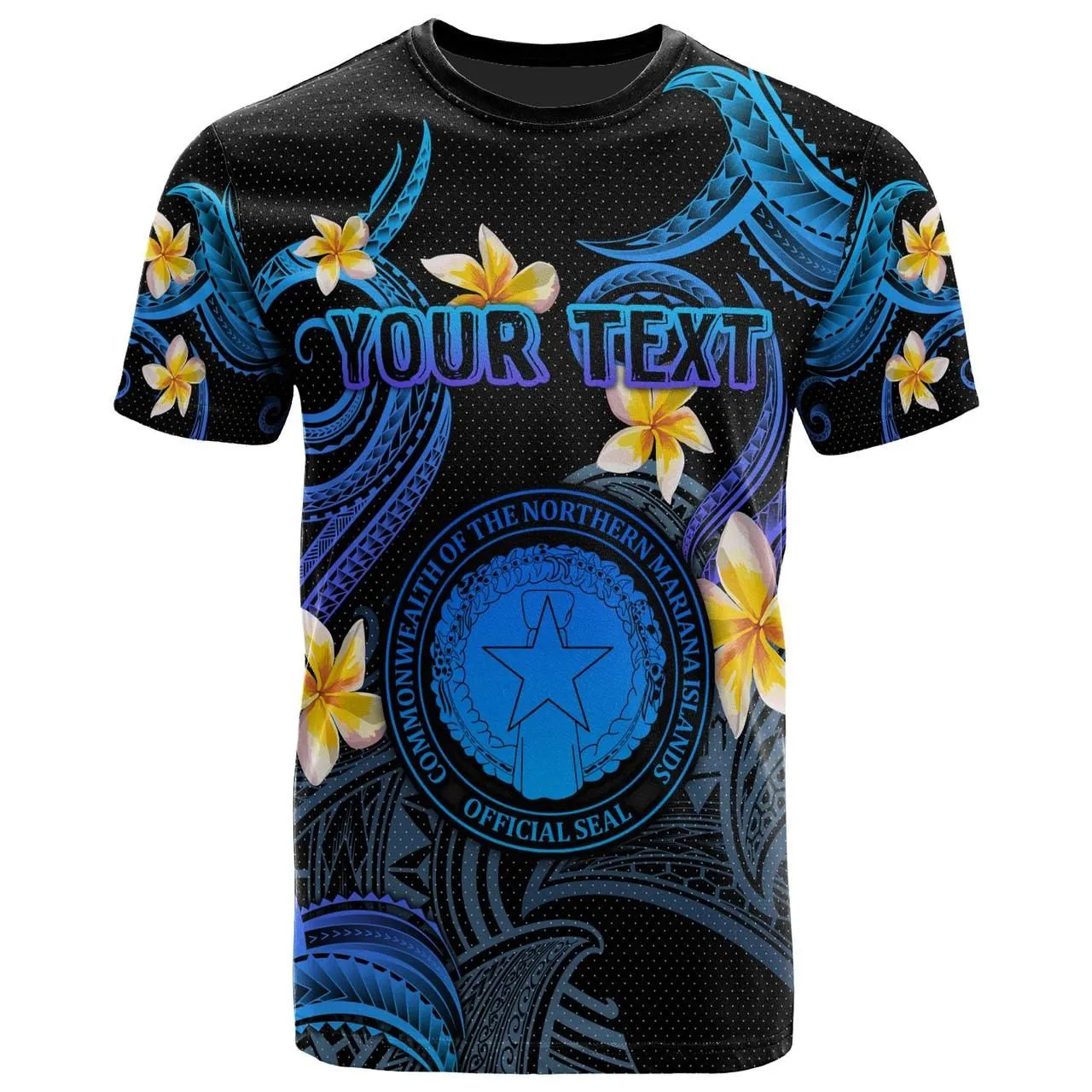 CMNI T-shirt - Custom Personalised Polynesian Waves with Plumeria Flowers (Blue)