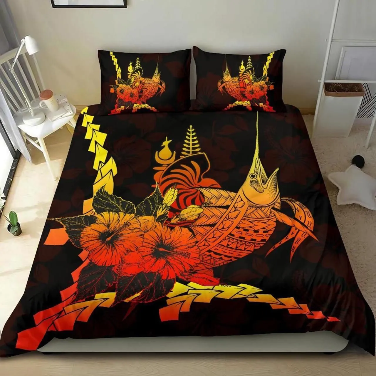 New Caledonia Polynesian Bedding Set - Swordfish With Hibiscus