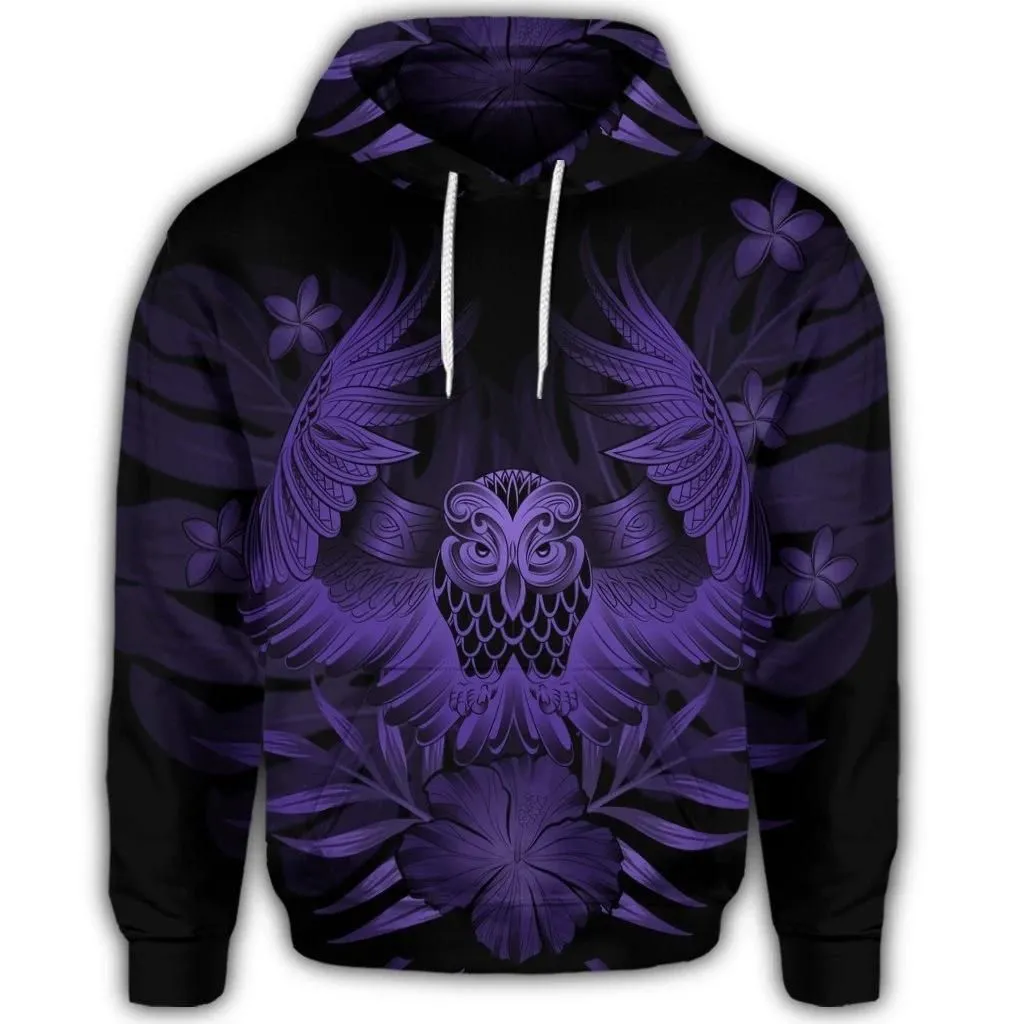 Alohawaii Hoodie - Hawaiian Owl Hibiscus Plumeria Polynesian Hoodie - Purple - AH - J4R