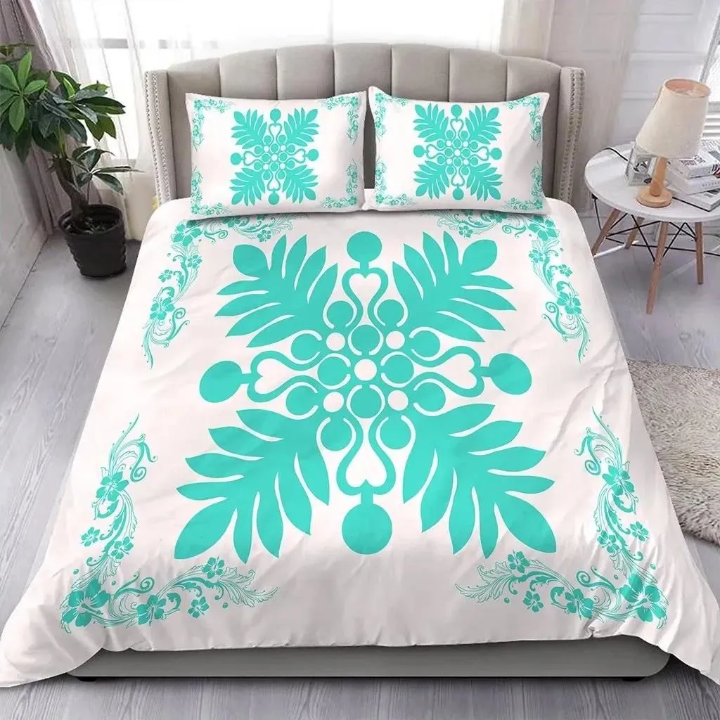 Alohawaii Home Set - Hawaiian Quilt Maui Plant And Hibiscus Pattern Bedding Set - Turquoise White - AH J8