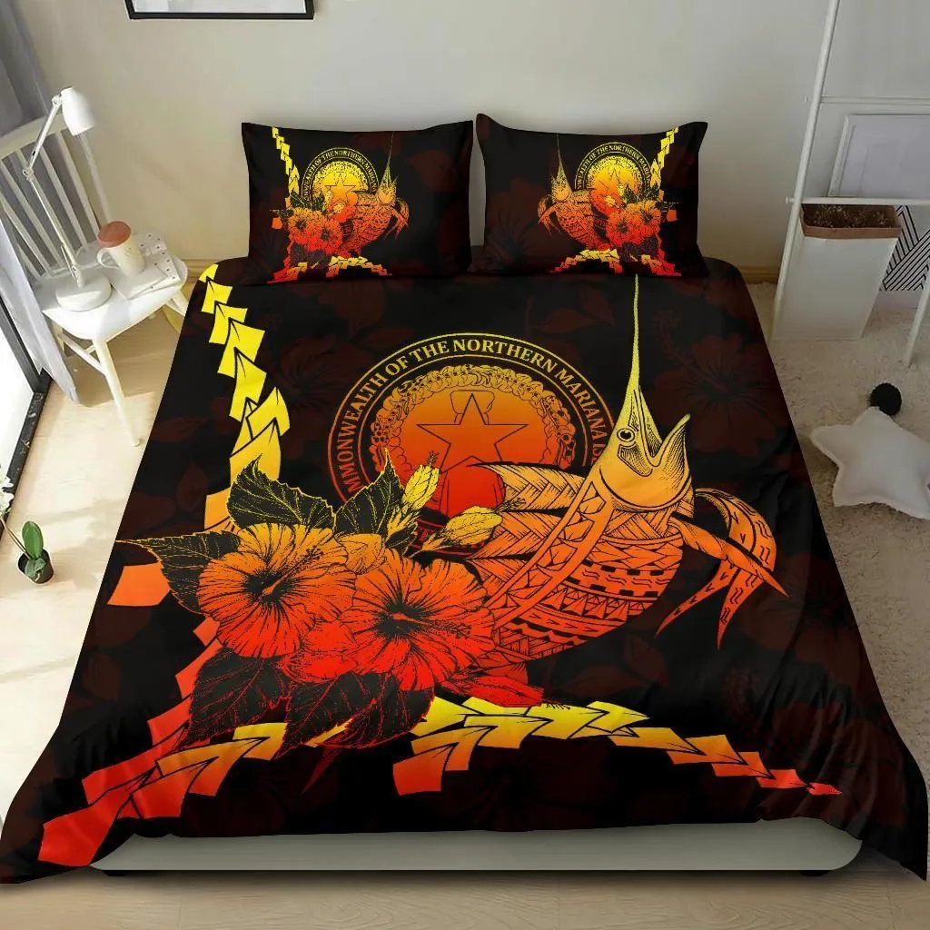 Northern Mariana Islands Polynesian Bedding Set - Swordfish With Hibiscus