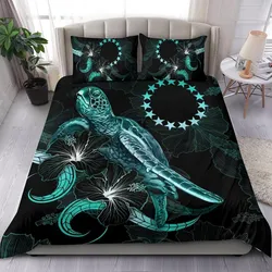 Cook Islands Polynesian Bedding Set - Turtle With Blooming Hibiscus Turquoise