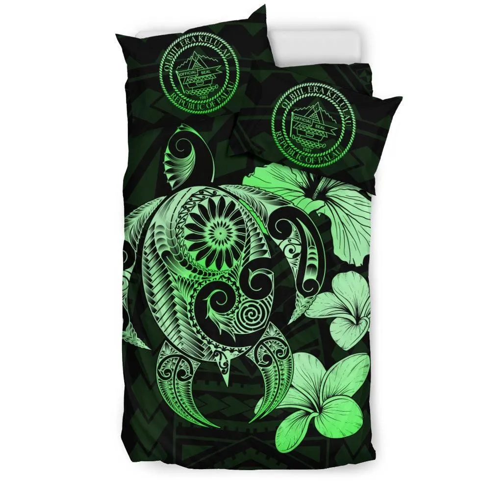 FamilyGater Bedding Set - Cover and Pillow Cases Palau Hibiscus Plumeria Mix Polynesian Turtle Green J1