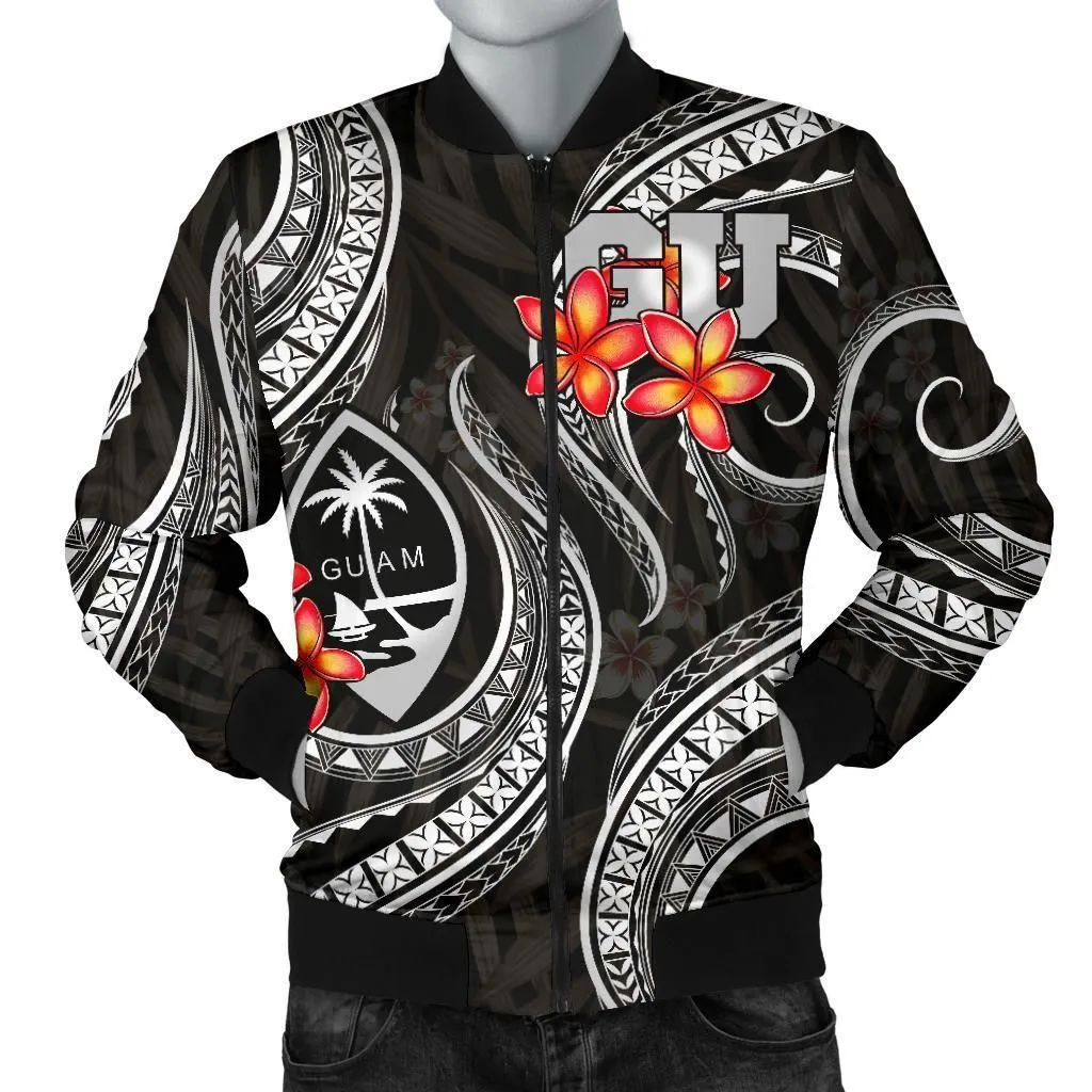 Guam Polynesian Men Bomber Jacket - Black Plumeria