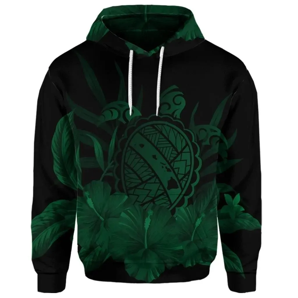 Alohawaii Hoodie - (Personalised) Hawaiian Map Turtle Hibiscus Polynesian Hoodie - Green - AH - J4R