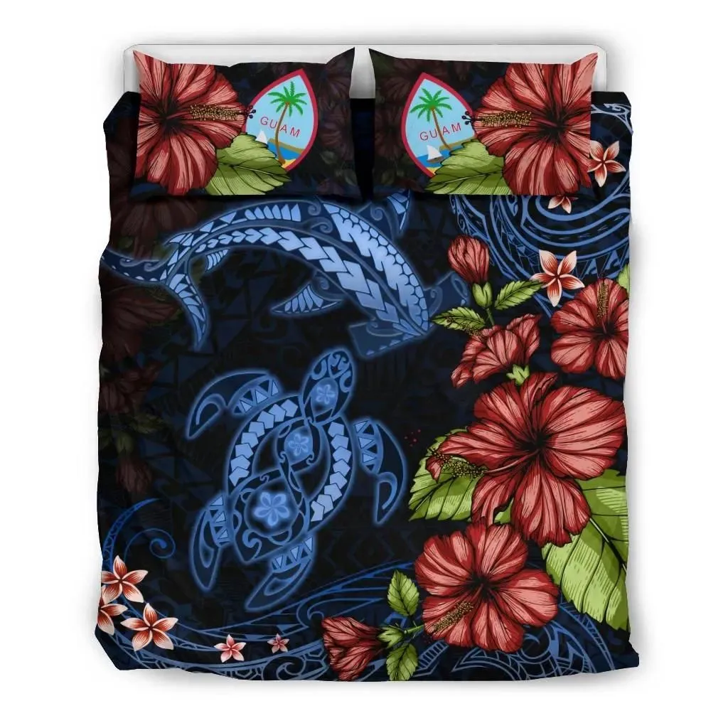 Guam Bedding Set Turtle And Shark Polynesian Hibiscus TH5