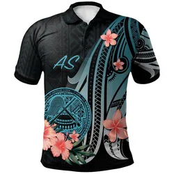 American Samoa Polo Shirt - Turquoise Polynesian Hibiscus Pattern Style