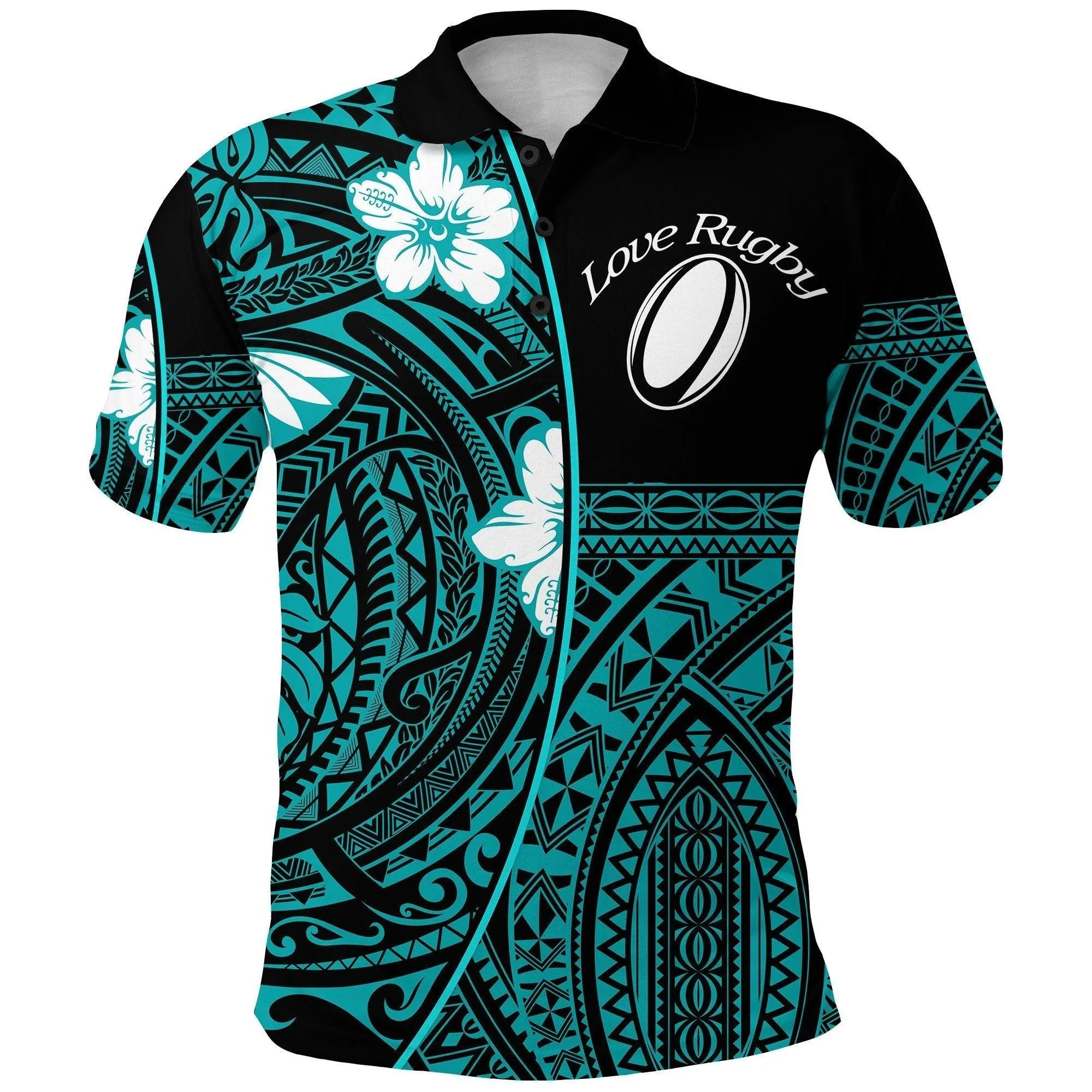 (Custom Personalised) Polynesian Rugby Polo Shirt Love Turquoise - Custom Text and Number