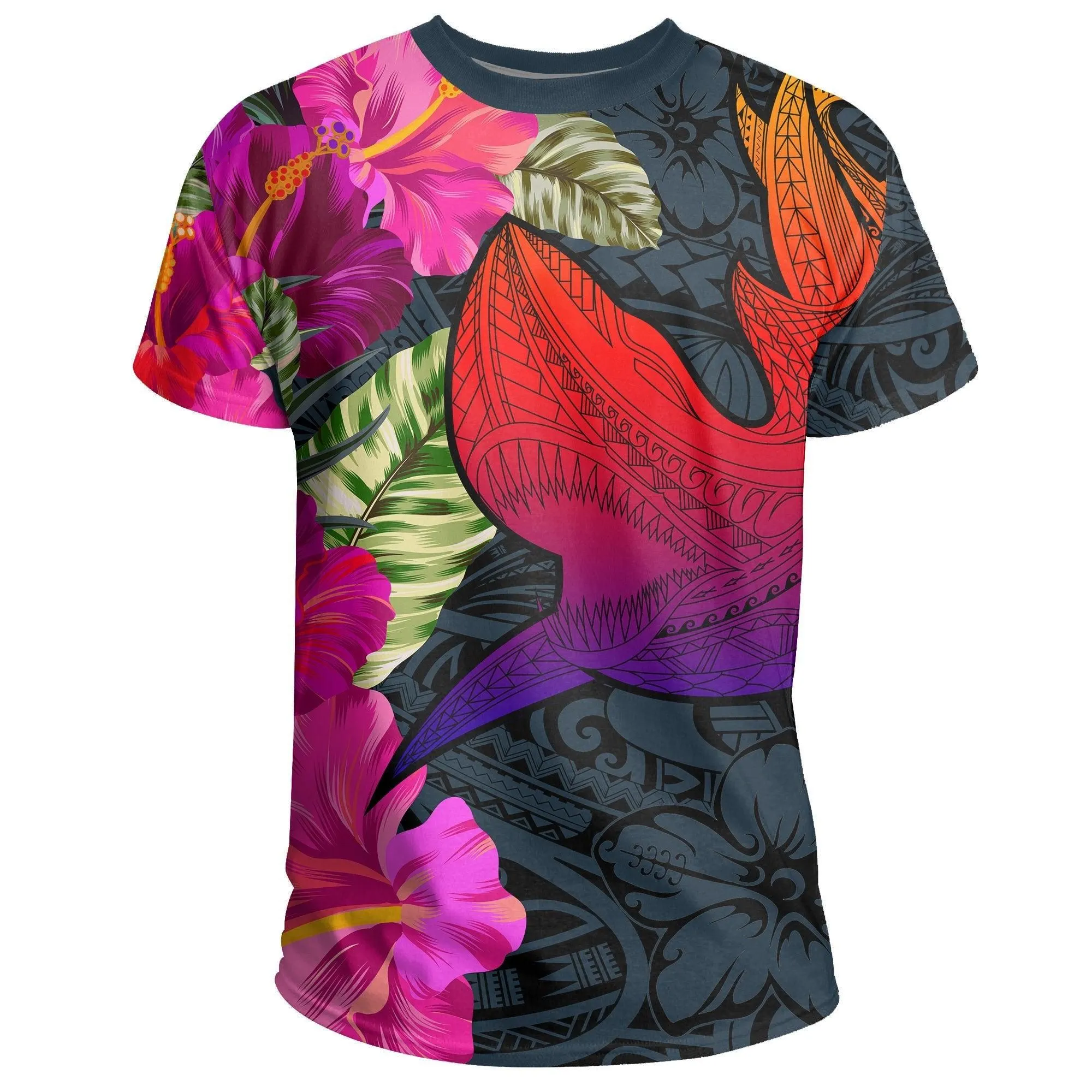 Hawaii Polynesian Hibiscus Shark T-shirt - AH - Rock Style
