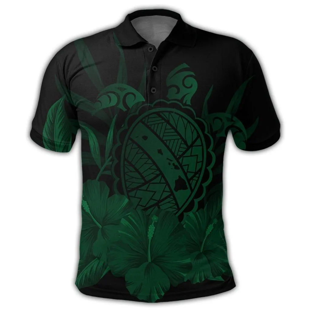 Hawaiian Map Turtle Hibiscus Polynesian Polo Shirt - Green