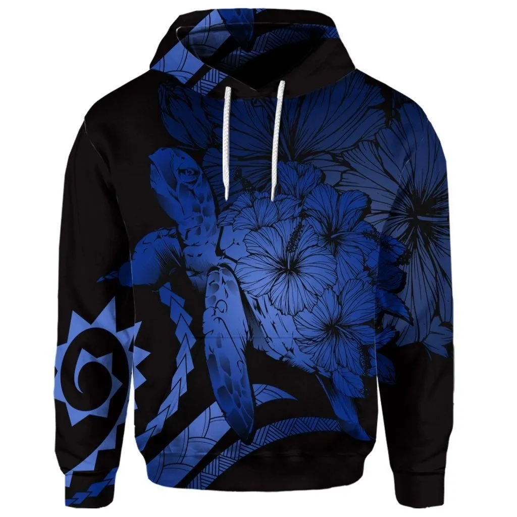 (Personalised) Hawaiian - Hawaii Turtle Hibiscus Polynesian Vintage Hoodie - Blue - AH