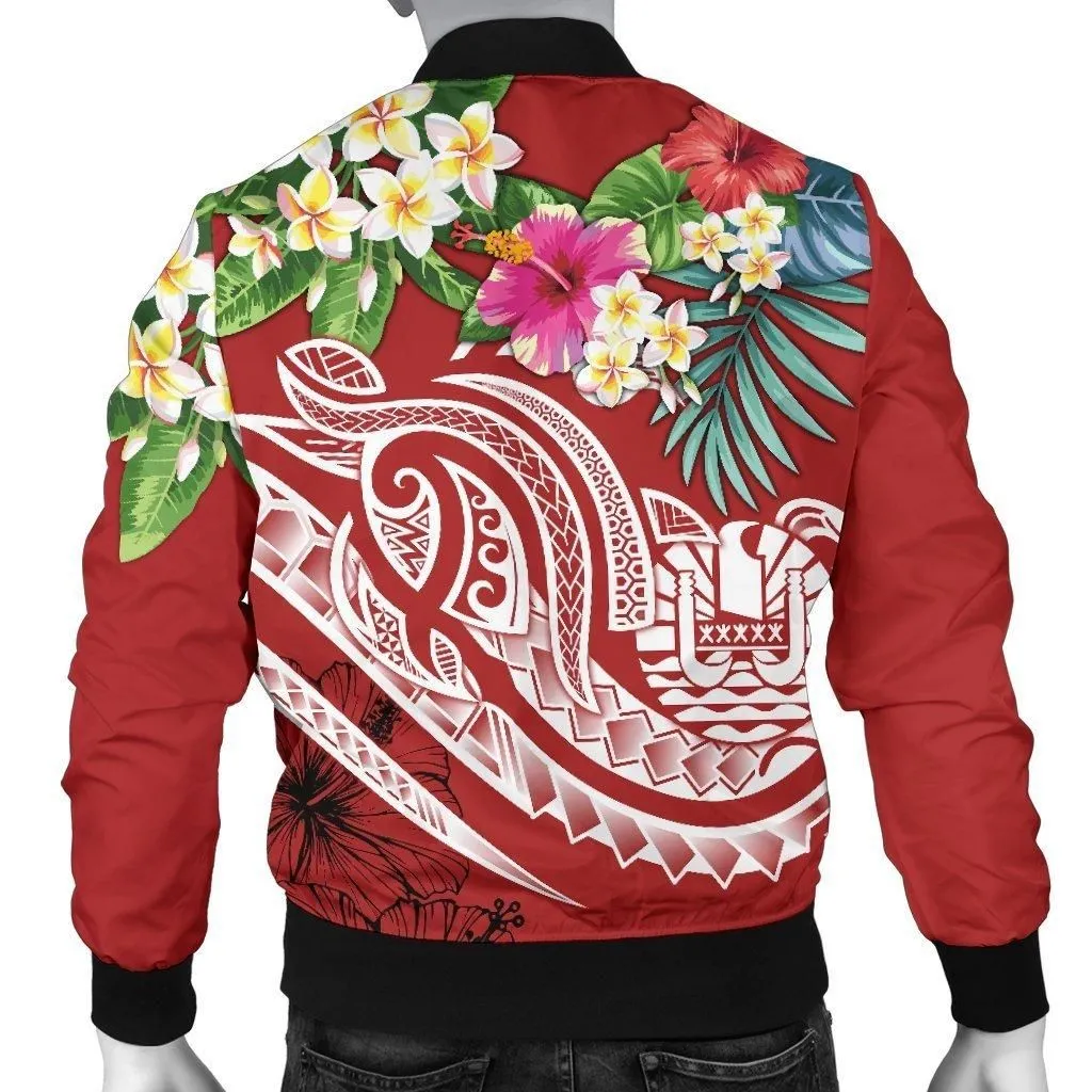 Tahiti Polynesian Mens Bomber Jacket - Summer Plumeria Red