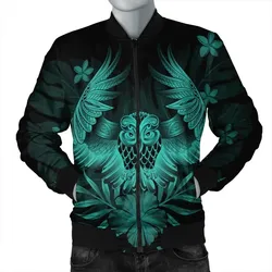 FamilyGater Jacket - Hawaiian Owl Hibiscus Plumeria Polynesian Bomber Jacket - Turquoise - AH - J4R