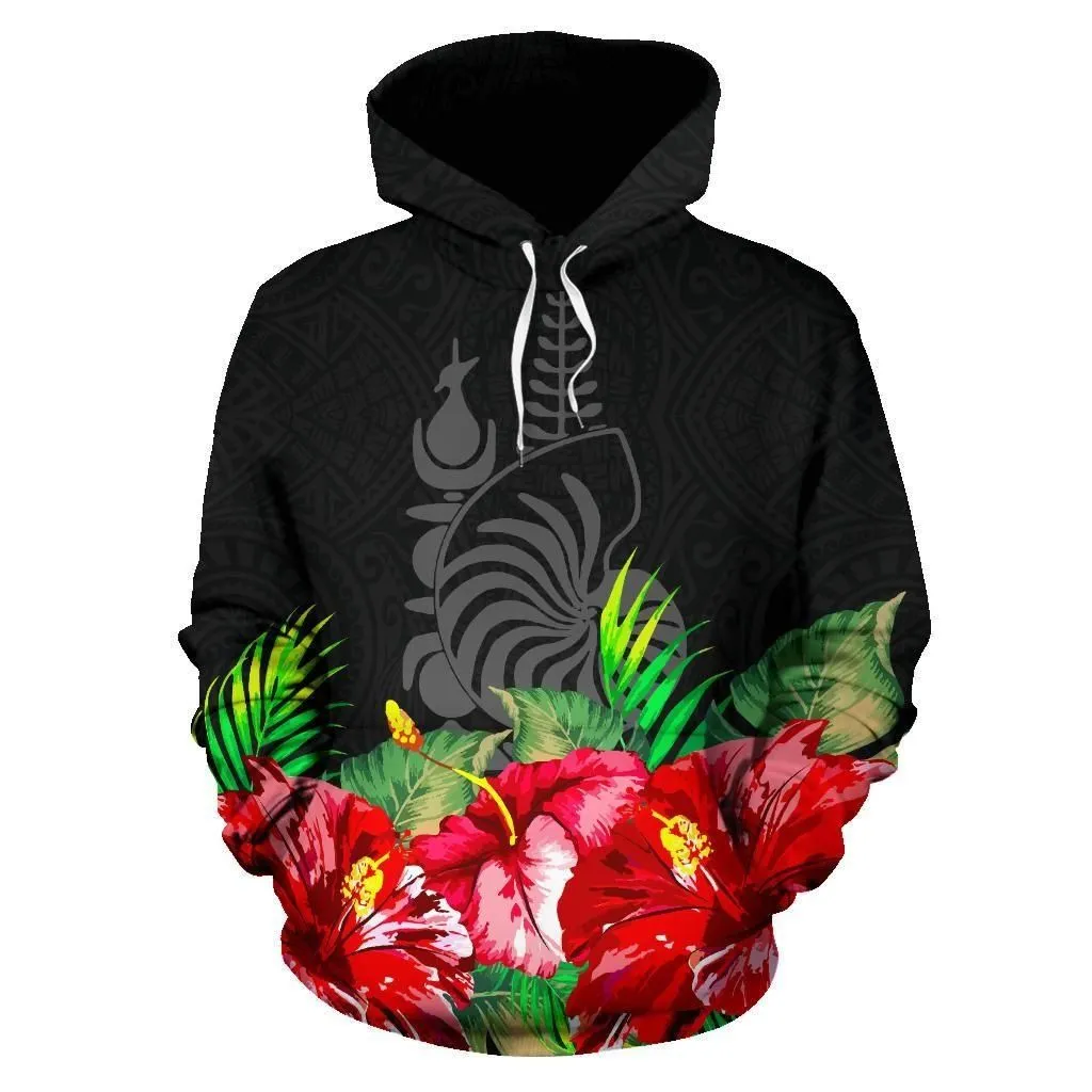 New Caledonia Polynesian Hoodie Black Hibiscus - BN39
